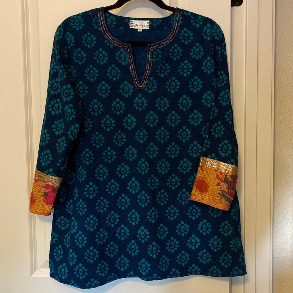 Westside - Boho navy/teal floral pattern tunic with embroidery